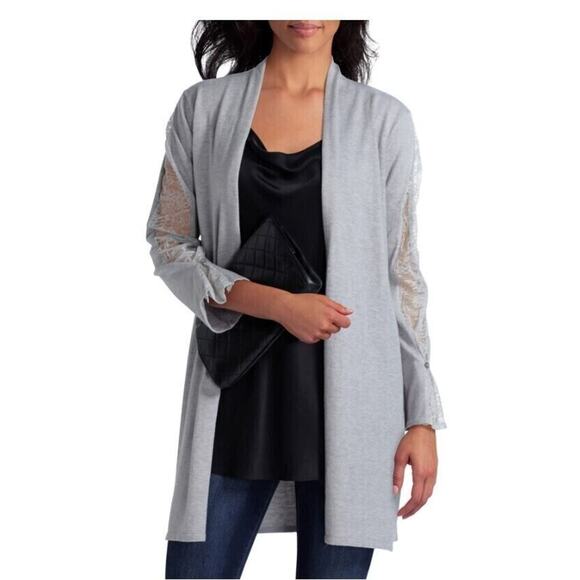 Halston Women's Lace Mix Sweater Cardigan In Foggy Heather Medium MSRP $108 - Picture 1 of 3